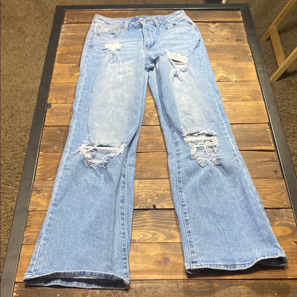 Rue21 Blue Flare Wide Leg Jeans with Distressed Details